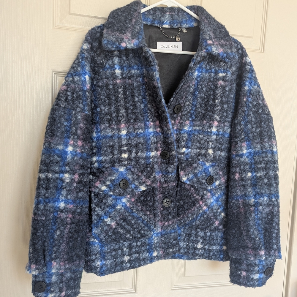 Calvin Klein Women's Lined Plaid Jacket - Oversized Sz Small - Blue Purple Black